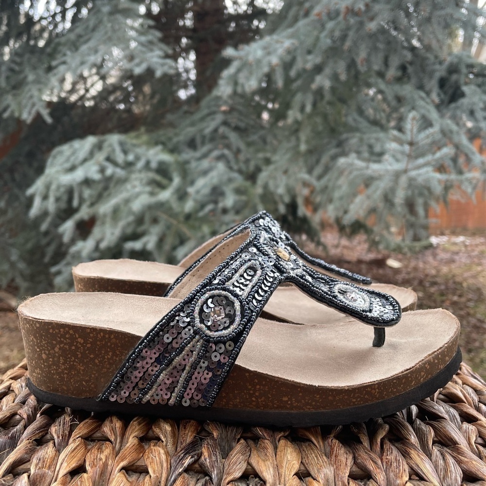 Beautiful Sequin and beaded black gray & Silver platform wedge thong toe sandals